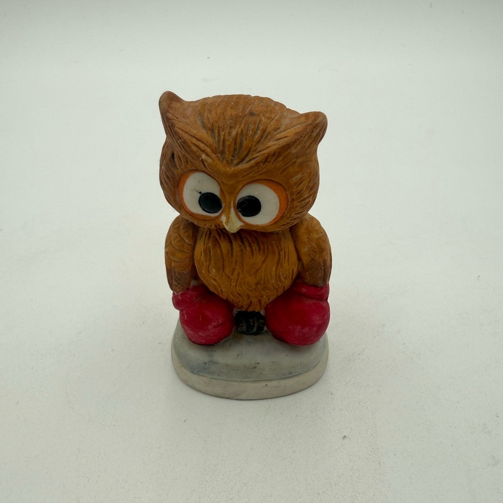 Vintage MCM Porcelain UCGC Owl with Red Boxing Gloves Figurine